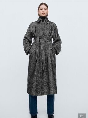 GAP XXL Black & White Wool Blend Herringbone Double Breasted Maxi Trench Coat